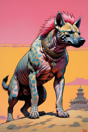 a hyena, Horror Comics style, art by brom, tattoo by ed hardy, shaved pink hair, neck tattoos by andy warhol , heavily muscled, biceps,glam gore, horror, angelic, god visions, Russian military poster style, asian art, chequer board, savanna views, setting sun, 