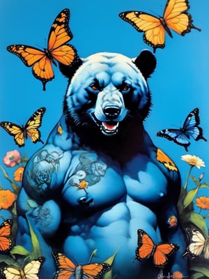 Blue bear with many baby bears, Horror Comics style, art by brom, tattoo by ed hardy, shaved hair, neck tattoos andy warhol, heavily muscled, biceps,glam gore, horror, blue bear, demonic, hell visions, demonic women, military poster style, chequer board, vogue bear portrait, Horror Comics style, art by brom, smiling, lennon sun glasses, punk hairdo, tattoo by ed hardy, shaved hair, neck tattoos by andy warhol, heavily muscled, biceps, glam gore, horror, poster style, flower garden, Easter eggs, coloured foil, oversized monarch butterflies, tropical fish, flower garden,Leonardo,Leonardo Style