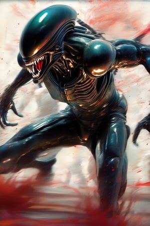 art by glen keane, painting, acrylic block, vibrant colors, a xenomorph, dark chiarascuro lighting, dripping blood and sweat, messed up, battling human troopers,action shot