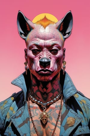 a hyena, Horror Comics style, art by brom, tattoo by ed hardy, shaved pink hair, neck tattoos by andy warhol , heavily muscled, biceps,glam gore, horror, angelic, god visions, Russian military poster style, asian art, chequer board, savanna views, setting sun, 