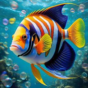 a tropical angel fish, very colourful, underwater, bubbles, seaweed, aqua water, Colourful cat ,