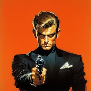 art by Masamune Shirow, art by J.C. Leyendecker, art by boris vallejo, a masterpiece, stunning beauty, hyper-realistic oil painting, vibrant colors, a James Bond type character, dark chiarascuro lighting, aiming a Luger pistol in his right hand, fighting bad guys, driving an Aston Martin, a telephoto shot, 1000mm lens, f2,8,