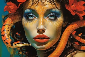  art by simon bisley, art by Brom, art by ralph steadman, art by gustav klimt, a slithering poisonous snake in a tropical jungle, resplendant in colour and intricate detail,  a masterpiece, realistic,  The artwork is a masterpiece, boasting incredible detail and a sense of depth that pulls the viewer in.