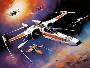 art by simon bisley, art by ralph steadman, a masterpiece, stunning detail, a rebellion X-Wing flying through the galaxy, 
