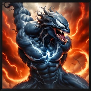 In a majestic, HD, 8K composition, a close up mid shot, the stunning figure of Venom, assumes a dramatic pose. Framed against fiery clouds, lightening, and a turbulent sky,Venoms gaze meets the viewer's, eyes gleaming with intensity,  it appears to scan the horizon. The illustration exudes a sense of heroic fantasy, reminiscent of Dungeons and Dragons, as if venom is about to embark on an epic adventure, wispy storm clouds, lightening, foggy turbulent sky,action shot