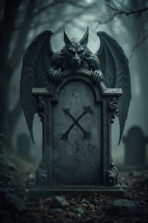  A dark and creepy scene featuring a stone carved gargoyle affixed to draculas tonbstone. a large X is scratched onto the tombstone, The setting is gloomy, with fog swirling around the tombstone, creating a chilling atmosphere. The background is dark and atmospheric, with deep shadows emphasizing a menacing presence. The focus is on the contrasting elements of horror and evil creating a chilling and surreal atmosphere. front view, wide shot, looking from ground  level,
