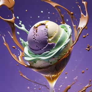 an extreme close up, macro photograph of chocolate chip mint ice cream with lime milk cream, in a stylish modern glass, ice cubes, nuts, mint leaves, splashing milk cream, in a gradient purple background, fluid motion, dynamic movement, cinematic lighting, Mysterious, golden ratio, fake detail, trending pixiv fanbox, acrylic palette knife, style of makoto shinkai studio ghibli genshin impact james gilleard greg rutkowski chiho aoshima,digital artwork by Beksinski,action shot