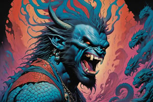 close up of the mans face, a sexy black african mans arm and shoulder, man is staring screaming at the viewer, raging, long hair, the arm and shoulder are covered in a very detailed intricate red and blue dragon tattoo that is protruding outfrom the skin, coming alive, its screaming, scratching, similar to dragon tattoo by Boris Vallejo, slowly you see the small dragon tattoo in parts is coming out of the skin and becoming a real version of the tattoo, sticking out, scales, extended claws, spit, spittle, blood drops, 16K, movie still, cinematic, ,omatsuri,DonMn1ghtm4reXL,DonMWr41thXL ,potma style,monster,retropunk style