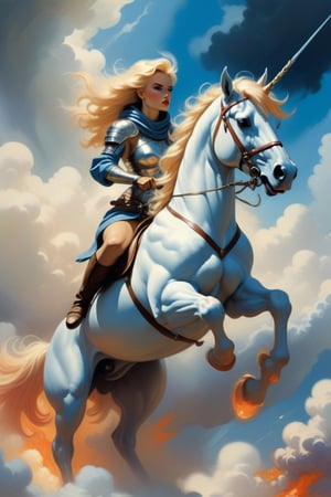 solo focus, hd, 8k, vintage illustration, masterpiece, award winning illustration by Frank Frazetta of a female sexy armored hooded scoundrel riding a (((ed fiery unicorn))) while busting through the clouds, blue sky, dungeons and dragons style, fantasy, heroic fantasy, Dark Fantasy, dark atmosphere, advntr,fr4z3tt4,more detail XL