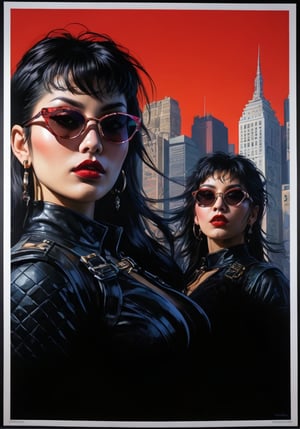 art by Masamune Shirow, art by J.C. Leyendecker, art by boris vallejo, a masterpiece, stunning beauty, hyper-realistic oil painting, vibrant colors, Horror Comics style, art by brom, tattoo by ed hardy, a woman, shaved hair, neck tattoos by andy warhol, heavily muscled, biceps,glam gore, covered heavily in crisp dark  demonic tattoos, horror, demonic, hell visions, demonic women, military poster style, asian art, chequer board, wearing mirrored sunglasses, dark chiarascuro lighting, a telephoto shot, 1000mm lens, f2,8 , graffiti style , abstract, illustration, 1990 aesthetics, minimalistic, trendy, mixed media, vector art, 4 girls, female focus,  text focus, gradient background, skyscrapers , cross  \(symbol\), glow, the text "TAVITA NIKO"  ,artint,3D