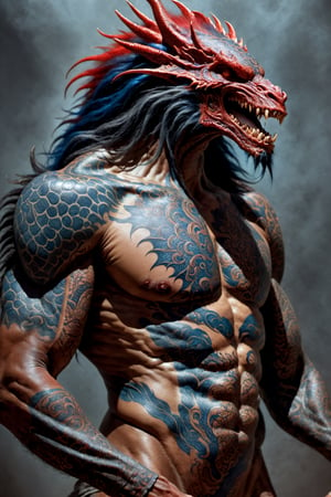 An sexy black african mans arm and shoulder, mid shot, man is staring at the viewer, raging, long hair, the arm and shoulder are  covered in a very detailed intricate red and blue dragon tattoo that is protruding outfrom the skin, coming alive, its screaming, scratching, similar to dragon tattoo by Boris Vallejo, slowly you see the small dragon tattoo in parts is coming out of the skin and becoming a real version of the tattoo, sticking out, scales, extended claws, 16K, movie still, cinematic, ,omatsuri