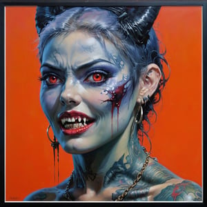 art by Masamune Shirow, art by J.C. Leyendecker, art by boris vallejo, a masterpiece, a female vampire, showinh her sharp teeth, stunning beauty, hyper-realistic oil painting, vibrant colors, Horror Comics style, art by brom, tattoo by ed hardy, a woman, shaved hair, neck tattoos by andy warhol, heavily muscled, biceps,glam gore, covered heavily in crisp dark  demonic tattoos, horror, demonic, hell visions, demonic women, military poster style, asian art, chequer board, dark chiarascuro lighting, a telephoto shot, 1000mm lens, f2,8 , graffiti style , abstract, illustration,  ,artint,3D,perfecteyes,digital artwork by Beksinski,nipples,FieldSauce,large breasts