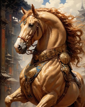A majestic creature, akin to a mythical steed, stands tall with its powerful body and strong features, as if inspired by Boris Vallejo's imaginative style. A Star Wars character, gently nuzzles into the nose of this magnificent beast, reminiscent of Gustav Klimt's symbolic depictions of the human form. The camera captures a close-up shot, with the horse's nostrils flaring and the character's face filled with wonder, as if taken from a Masamune Shirow-inspired mecha design. J.C. Leyendecker's attention to detail in capturing the textures and patterns on the horse's coat is striking. The overall composition evokes a sense of awe and mysticism, much like a masterpiece by Simon Bisley.
