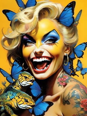 yellow snake with many baby yellow snakes, Horror Comics style, art by brom, tattoo by ed hardy, shaved hair, neck tattoos andy warhol, heavily muscled, biceps,glam gore, horror, blue bear, demonic, hell visions, demonic women, military poster style, chequer board, vogue snake portrait, Horror Comics style, art by brom, smiling, lennon sun glasses, punk hairdo, tattoo by ed hardy, shaved hair, neck tattoos by andy warhol, heavily muscled, biceps, glam gore, horror, poster style, flower garden, oversized monarch butterflies, tropical fish, flower garden,