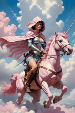 solo focus, hd, 8k, vintage illustration, masterpiece, award winning illustration by Frank Frazetta of a female sexy armored hooded scoundrel riding a pink and white striped unicorn while busting through the clouds, blue sky, dungeons and dragons style, fantasy, heroic fantasy, advntr,fr4z3tt4 