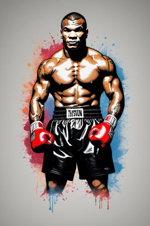 Mike Tyson , shadow boxing, stipple, crosshatching, 5 colour monochromatic art, borders, (((art poster by gian galang))), (((art style by gian galang))), (((design by gian galang))) , neck tattoos by andy warhol, heavily muscled, biceps, fight poster style, asian art, chequer board, mma, octogon, bright contrasting colours, stipple, black n white, 