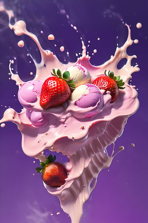 an extreme close up, macro photograph of strawberry ice cream with milk cream, in a stylish modern glass, ice cubes, nuts, mint leaves, splashing milk cream, in a gradient purple background, fluid motion, dynamic movement, cinematic lighting, Mysterious, golden ratio, fake detail, trending pixiv fanbox, acrylic palette knife, style of makoto shinkai studio ghibli genshin impact james gilleard greg rutkowski chiho aoshima,digital artwork by Beksinski,action shot