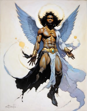 an oil painting, a masterpiece, a black male angel, wings spread,  art by TavitaNiko, art by mel odom, art by Klimt , art by brom, art by Warhol, art by frazetta, 