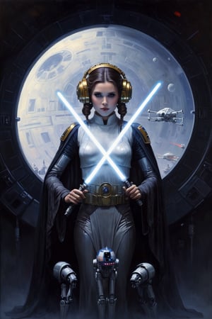  art by boris vallejo, art by gustav klimt, art by brom, a masterpiece, stunning beauty, hyper-realistic oil painting, vibrant colors, princess leia , chewbacca the wookie, c3po the robot, r2d2 the robot, a death star corridor, wearing Star Wars empire outfits, open to a spiral galaxy, Star Wars feel, stormtroopers, lasers, 