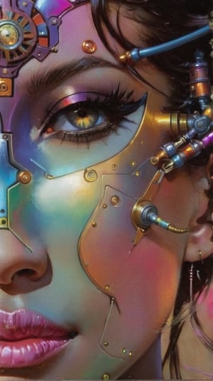 art by Masamune Shirow, art by J.C. Leyendecker, a masterpiece, stunning beauty, perfect face, laughing with open mouyj, full-body, hyper-realistic oil painting, vibrant colors, Body horror, steampunk spacesuit, two women looking directly out to viewer, wry smile on their faces, neon face with multiple coloured circuits on it, full face translucent visor, in the style of futuristic space glamour, Steam punk, tribal adornments, frank frazetta style pose, perfect makeup, boris vallejo style background pop art consumer culture, plain neon steampunk background, full figure poses,biopunk style,cyberpunk style,art by sargent,Oil painting of Mona Lisa ,Leaf,Leonardo Style,fr4z3tt4 