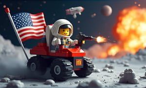 An 3d lego block cartoon scene featuring buzz aldrin riding the lunar rover at full throttle jumping over moon craters, and firing a gun in the airr. The American flag waves proudly behind him as an alien spacecraft soars through the sky. In the background, massive explosions light up the scene.