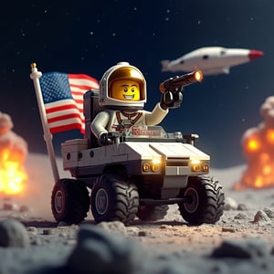 Indulge in a thrilling 3D LEGO block cartoon of  Buzz Aldrin, donning a futuristic full-face helmet with gold reflective visor, sits atop the Lunar Roving Vehicle (LRV) as it zooms across the moon's rugged terrain, its tires kicking up dust and debris. The American flag proudly flapping behind him. With a grin on his face, Buzz raises a gun to the sky, firing a celebratory shot amidst the chaos of massive explosions erupting in the distant background. An otherworldly alien spacecraft soars through the starry night sky, casting an eerie glow over the lunar landscape.