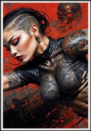 hell poster, manga style, an oil painting, a masterpiece, art by TavitaNiko, art by Vallejo, art by Klimt , art by giger, tattoo by ed hardy, shaved hair, neck tattoos andy warhol, heavily muscled, biceps,glam gore, horror, demonic, hell visions, demonic women, military poster style, asian art, chequer board,