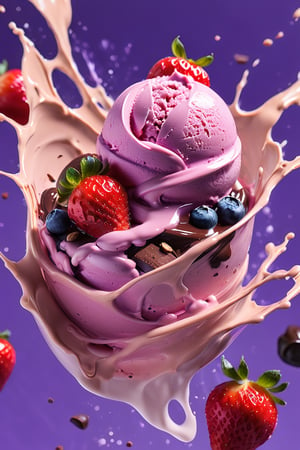 an extreme macroscopic close up photograph of strawberry ice cream with milk cream, in a stylish modern glass, ice cubes, maraschino cherries, blueberries, dark chocolate sauce, nuts, mint leaves, splashing milk cream, in a gradient purple background, fluid motion, dynamic movement, cinematic lighting, Mysterious, golden ratio, fake detail, trending pixiv fanbox, acrylic palette knife, style of makoto shinkai studio ghibli genshin impact james gilleard greg rutkowski chiho aoshima,digital artwork by Beksinski,action shot,ice and water