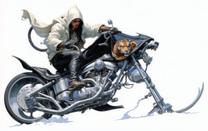 art by Masamune Shirow, art by J.C. Leyendecker, art by boris vallejo, art by brom, art by simon bisley, a masterpiece, a ghostrider, riding a hells harley bike sled, tiger fashioned fuel container, ape hanger handlebars, wearing a hooded cloak, 