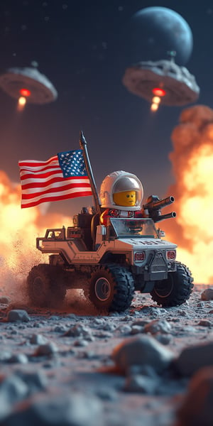 An 3d lego block cartoon scene featuring buzz aldrin riding the lunar rover at full throttle jumping over moon craters, and firing a gun in the airr. The American flag waves proudly behind him as an alien spacecraft soars through the sky. In the background, massive explosions light up the scene.