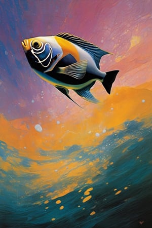  art by simon bisley, art by Brom, art by ralph steadman, art by gustav klimt, a tropical angel fish swimming in a tropical ocean, resplendant in colour and intricate detail,  a masterpiece, realistic,  The artwork is a masterpiece, boasting incredible detail and a sense of depth that pulls the viewer in.