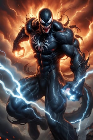 In a majestic, HD, 8K composition, a close up mid shot, the stunning figure of Venom, assumes a dramatic pose. Framed against fiery clouds, lightening, and a turbulent sky,Venoms gaze meets the viewer's, eyes gleaming with intensity,  he appears to scan the horizon. The illustration exudes a sense of heroic fantasy, reminiscent of Dungeons and Dragons, as if venom is about to embark on an epic adventure, wispy storm clouds, lightening, foggy turbulent sky,action shot