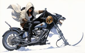 art by Masamune Shirow, art by J.C. Leyendecker, art by boris vallejo, art by brom, art by simon bisley, a masterpiece, a dude riding a hells harleydavidson, a hotted up sexy bike sled, wolf styled fuel container, ape hanger handlebars, wearing a hooded cloak, looking fucking cool, 