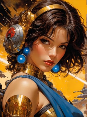 art by Masamune Shirow, art by J.C. Leyendecker, art by boris vallejo, art by gustav klimt, art by simon bisley, a masterpiece, stunning beauty, hyper-realistic oil painting, a star wars movie poster, a female empire general, blaster in hand, amongst a battle, explosions, shrapnel,  ,action shot