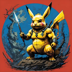 pikachu, raichu, gigantamax, electric bolts of lightening, sexy outfit, Horror Comics style, art by brom, tattoo by ed hardy, shaved hair, neck tattoos andy warhol, heavily muscled, biceps,glam gore, horror, demonic, hell visions, demonic women, military poster style, asian art, chequer board,