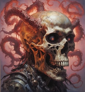 art by Masamune Shirow, art by J.C. Leyendecker, art by boris vallejo, a masterpiece, hyper-realistic oil painting, vibrant colors, Horror Comics style, art by brom, tattoo by ed hardy, a woman with half a skull face and half a human face, horror, dark chiarascuro lighting, a telephoto shot, 1000mm lens, f2,8 , , illustration,  ,perfecteyes,