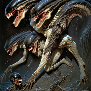 art by Masamune Shirow, art by J.C. Leyendecker, a masterpiece, stunning beauty, hyper-realistic oil painting, vibrant colors, a xenomorph, dark chiarascuro lighting, dripping blood and sweat, messed up, battling human troopers, a telephoto shot, 1000mm lens, f2,8, ,horror,dark theme,Vogue