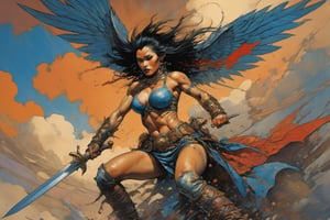 heaven poster, a warrior women, hair is wind blown, huge wings on her back, dramatic blue sky and angry lightening clouds behind her, long battle sword in her right hand, blood dripping from the sword, manga style, an oil painting, a masterpiece, art by TavitaNiko, art by Vallejo, art by Klimt , art by brom, tattoo by ed hardy, shaved hair, neck tattoos andy warhol, heavily muscled, biceps,glam gore, horror, demonic, hell visions, demonic women, military poster style, asian art, chequer board,