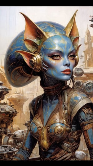 art by Masamune Shirow, art by J.C. Leyendecker, art by simon bisley, art by ralph steadman, a masterpiece, stunning beauty, hyper-realistic oil painting, star wars alien creatures, a portrait picture, incredible detail, fantasy portrait, smooth skin,  kaleidoscope graffiti background, Vogue, artint, frutiger, 