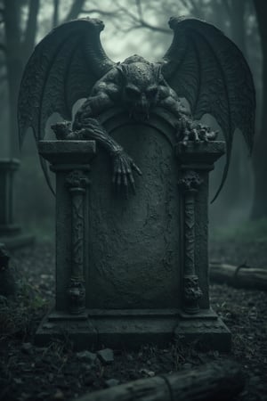  A dark and creepy scene featuring a stone carved gargoyle affixed to draculas tonbstone. The setting is gloomy, with fog swirling around the tombstone, creating a chilling atmosphere. The background is dark and atmospheric, with deep shadows emphasizing a menacing presence. The focus is on the contrasting elements of horror and evil creating a chilling and surreal atmosphere. front view, looking from ground  level,
