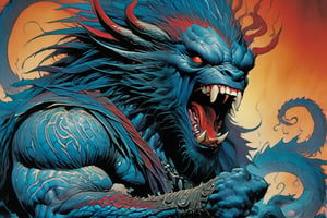 close up of the mans face, a sexy black african mans arm and shoulder, man is staring screaming at the viewer, raging, long hair, the arm and shoulder are covered in a very detailed intricate red and blue dragon tattoo that is protruding outfrom the skin, coming alive, its screaming, scratching, similar to dragon tattoo by Boris Vallejo, slowly you see the small dragon tattoo in parts is coming out of the skin and becoming a real version of the tattoo, sticking out, scales, extended claws, spit, spittle, blood drops, 16K, movie still, cinematic, ,omatsuri,DonMn1ghtm4reXL,DonMWr41thXL ,potma style,monster