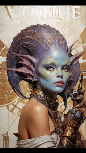 art by Masamune Shirow, art by J.C. Leyendecker, art by simon bisley, art by ralph steadman, a masterpiece, stunning beauty, hyper-realistic oil painting, star wars alien creatures, a portrait picture, incredible detail, fantasy portrait, smooth skin,  kaleidoscope graffiti background, Vogue, artint, frutiger, 