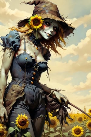 solo focus, hd, 8k, vintage illustration, A vintage-inspired scarecrow standing proudly in a sunflower field, with a worn-out hat and a rusty pitchfork. , masterpiece, award winning illustration by Frank Frazetta, a sexy female scarecrow, DarkFantasy, dark atmosphere, advntr,fr4z3tt4