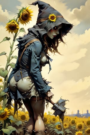 solo focus, hd, 8k, vintage illustration, A vintage-inspired scarecrow standing proudly in a sunflower field, with a worn-out hat and a rusty pitchfork. , masterpiece, award winning illustration by Frank Frazetta of a back view female sexy, bending over, armored hooded DarkFantasy, dark atmosphere, advntr,fr4z3tt4 