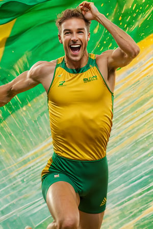 a close up body shot photograph of a happy australian male athlete, he is wearing an australian olympic highjump  uniform, he is has an olympic  gold medal around his neck, very large green and gold flag background, fluid motion, dynamic movement, cinematic lighting, palette knife, digital artwork by Beksinski,action shot,sweetscape, art by Klimt, airbrush art, ,photo r3al,ice and water,close up,Movie Poster