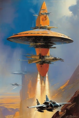 spaceship travelling past a planet, in space, art by john Berkey, art by chris foss, art by frank frazetta, Orange, vibrant, gleaming trade starship, elegant lines and polished chrome, vintage sci-fi, reminiscent of works by Ralph McQuarrie, art by john Berkey, art by chris foss, art by frank frazetta,art by Harry Lange. Cosmos brimming with colorful nebulae, distant stars, intricate details, reflections, volumetric lighting, digital painting., trending on artstation, 