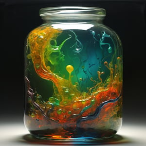 art by yashitomo nara, stunning beauty, hyper-realistic oil painting, a magic potion, stored in a square thick glass jar, vibrant colors, dark chiarascuro lighting, a telephoto shot, 1000mm lens, f2,8,,Vogue,more detail XL