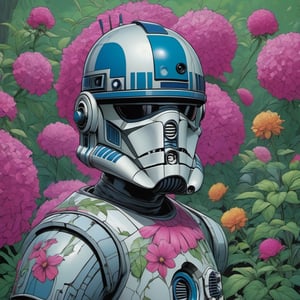 r2d2 , Horror Comics style, art by Bron, lennon sunglasses, punk hairdo, tattoo by ed hardy, shaved hair, neck tattoos by andy warhol, heavily muscled, biceps, glam gore, horror, poster style, flower garden, 