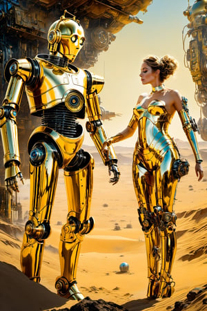 Ultra-Wide angle shot, photorealistic thrilling portrait of the robot c3po and his robot girlfriend c4po,Black ink flow: 8k resolution photorealistic masterpiece: by Aaron Horkey and Jeremy Mann: intricately detailed fluid gouache painting: by Jean Baptiste Mongue: calligraphy: acrylic: colorful watercolor art, cinematic lighting, maximalist photoillustration: by marton bobzert: 8k resolution concept art intricately detailed, complex, elegant, expansive, fantastical, psychedelic realism, tatooine, light sabres, ,mecha,p3rfect boobs,breastclamp,Leonardo style ,