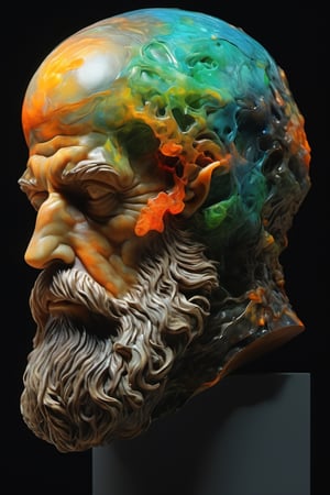 a bust sculpture by Michelangelo, a man with full  beard and a cube shaped head, stunning beauty, hyper-realistic oil painting, vibrant colors, dark chiarascuro lighting, a telephoto shot, 1000mm lens, f2,8,Vogue,more detail XL
